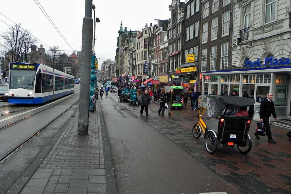 lanes for cars, trams, bikes and pedestrians, Amsterdam