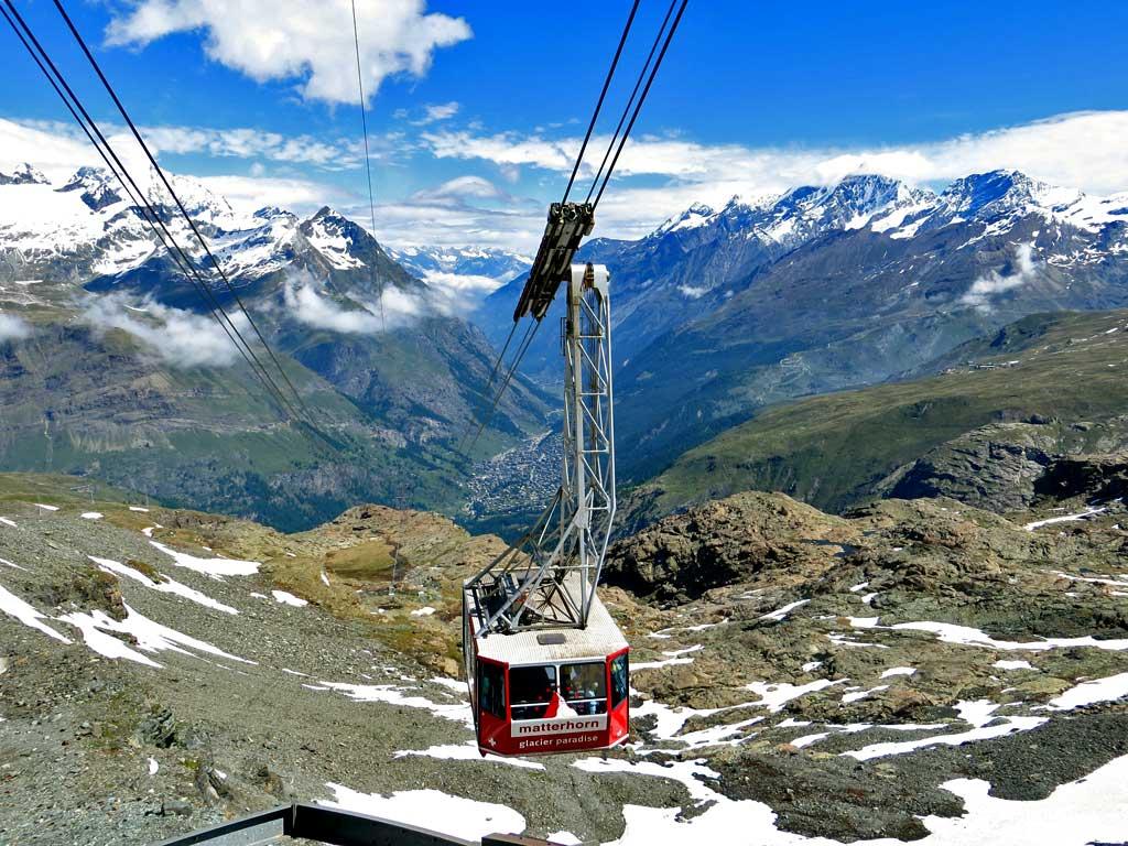 Matterhorn gondola with view to Zermatt below