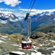 Matterhorn gondola with view to Zermatt below.JPG