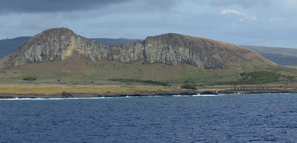 Rano Raraku quarry mountain and Ahu Tongariki from the sea