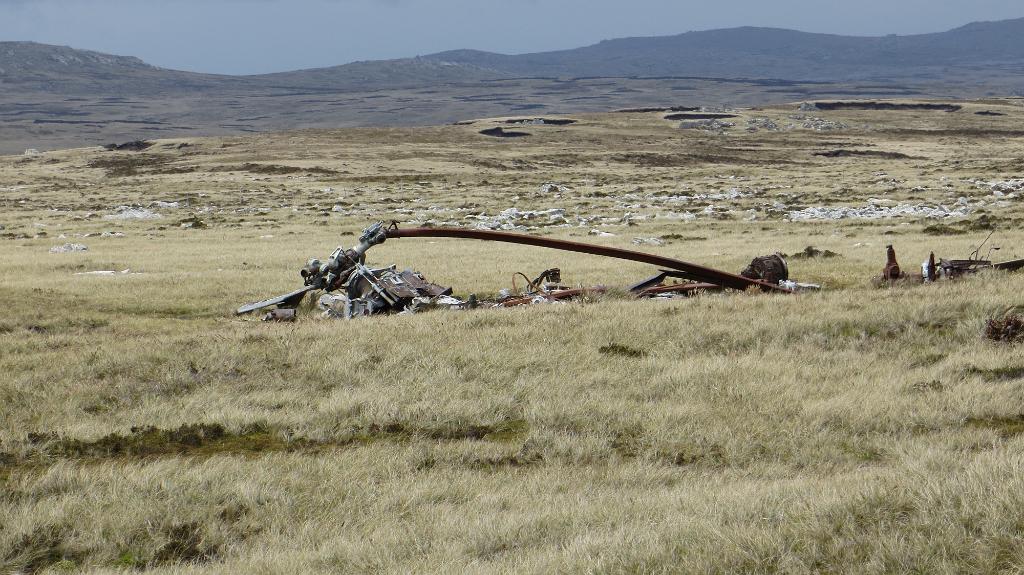 Burned out Argentine helicopter frame from Falklands War