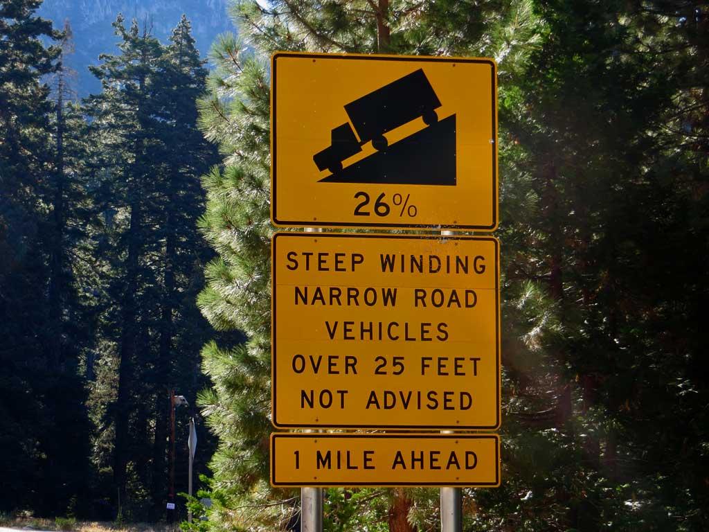Steep grade warning, Sonora Pass near Yosemite